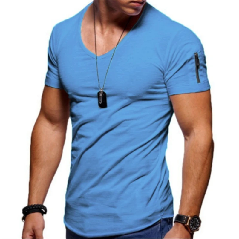 New Summer short sleeved zipper casual T shirt Men Casual V Neck Fashion T-Shirt Men Fitness Streetwear Tees Tops US Size S-2XL