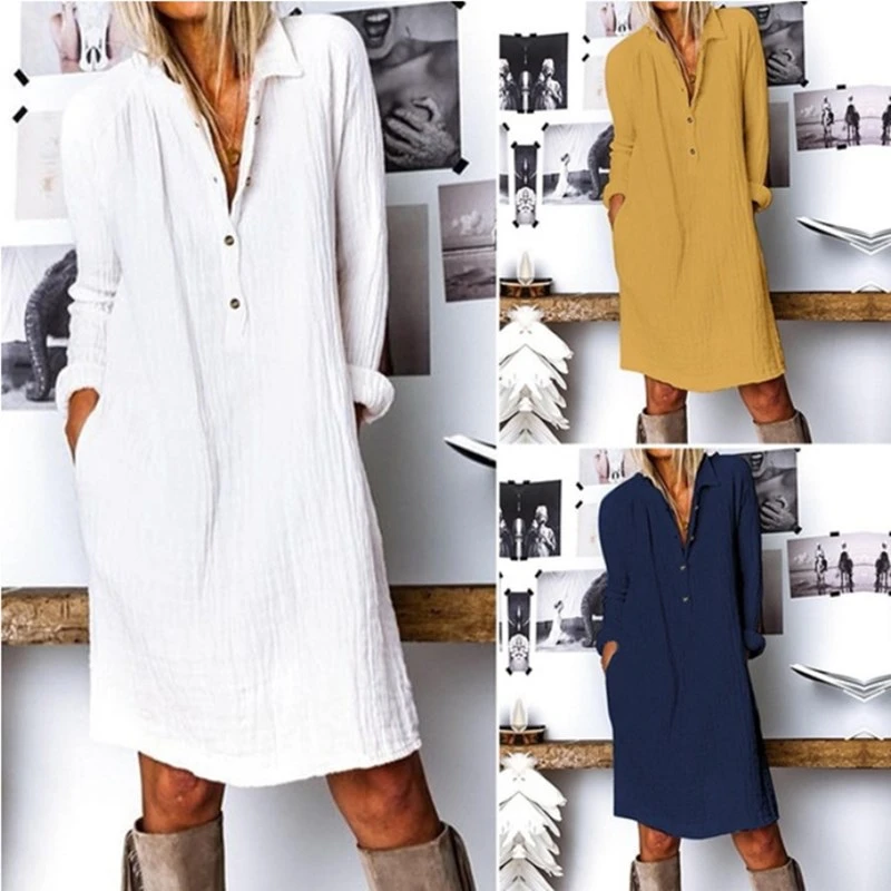 Fall 2021 European and American fashion new women's dress women's casual Lapel long sleeve dress solid color cotton linen dress