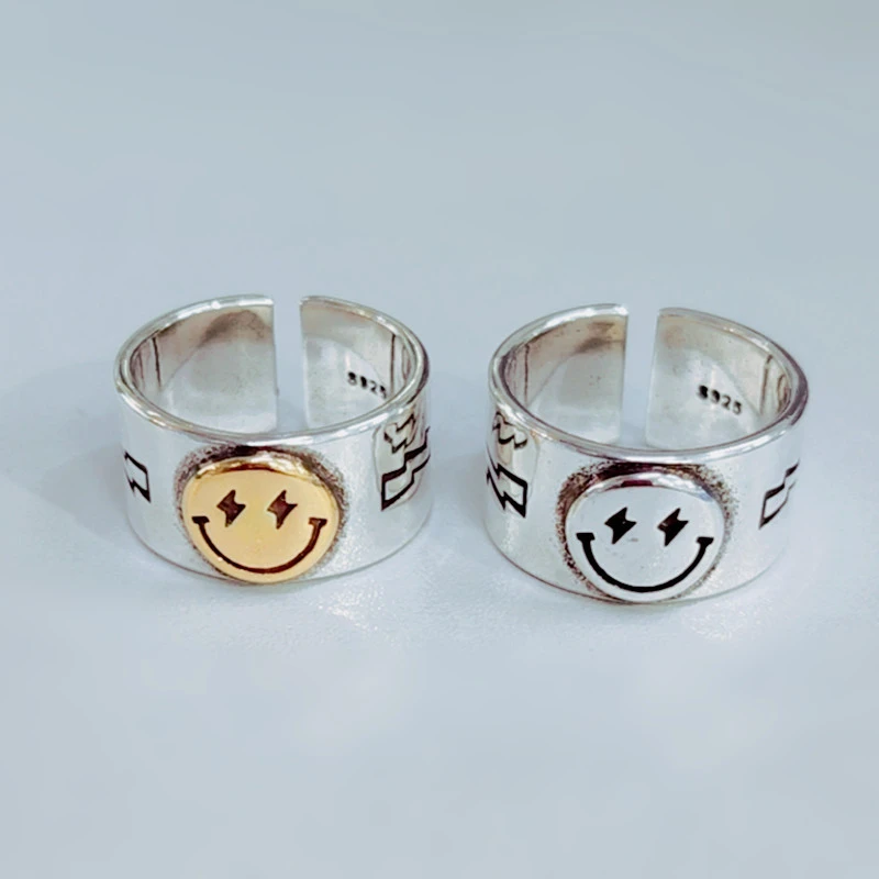 New Fashion Punk Vintage Happy Smile Face Silver Color Copper Finger Rings Stackable Adjustable For Women Jewelry Gift Dropship