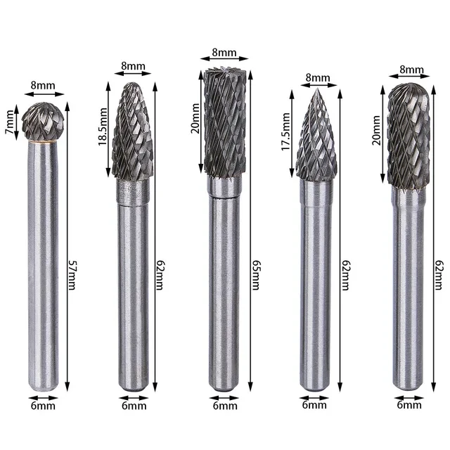 5Pcs 6x8mm Tungsten Carbide Burrs Carving Bit Double Cutter for Rotary Burring Set File Grinder Cutter Bits ACDFG/ADEFG