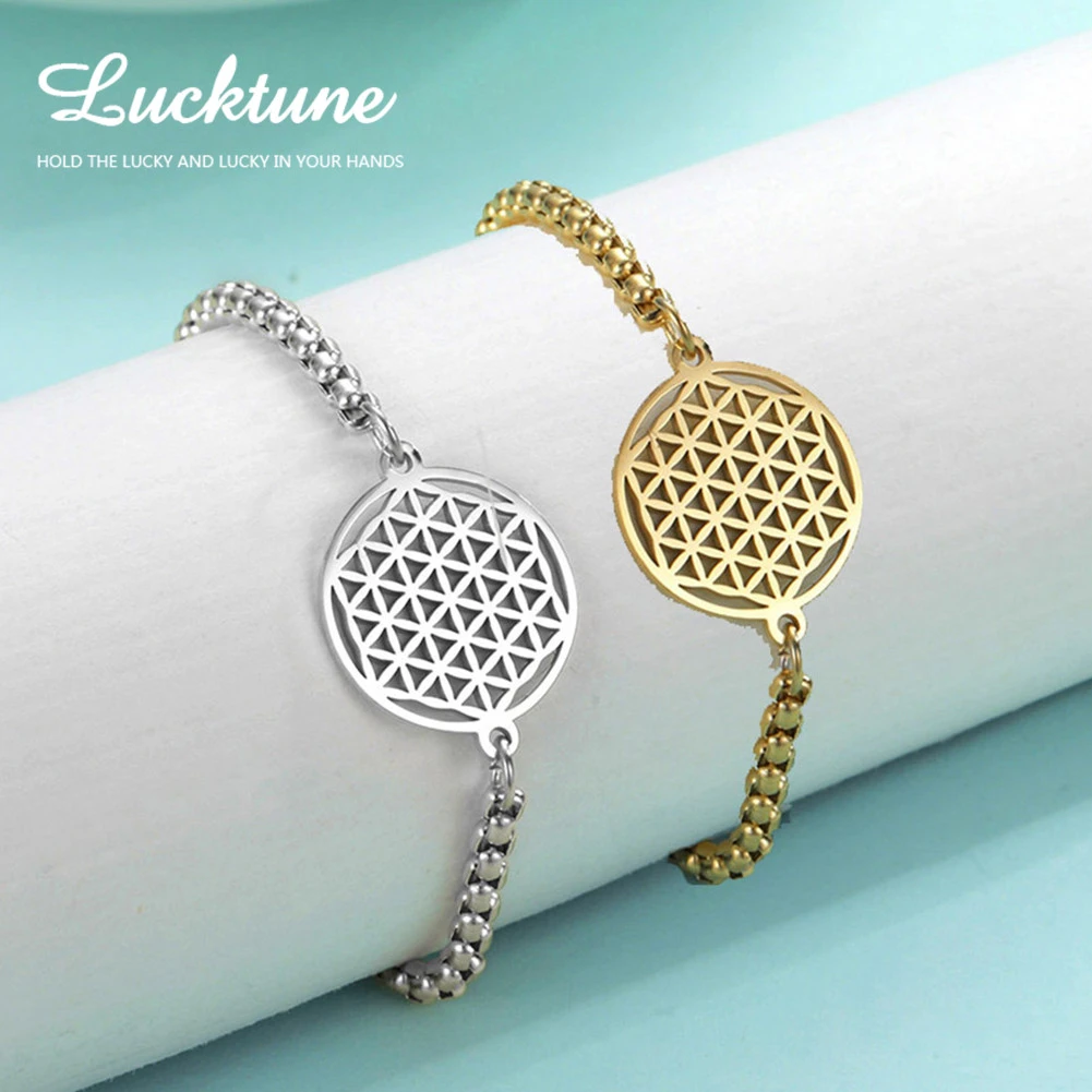 Lucktune Flower of Life Bracelet for Women Stainless Steel Hollow Flower Chain Bracelets on Hand Vintage Pendant Jewelry Gift
