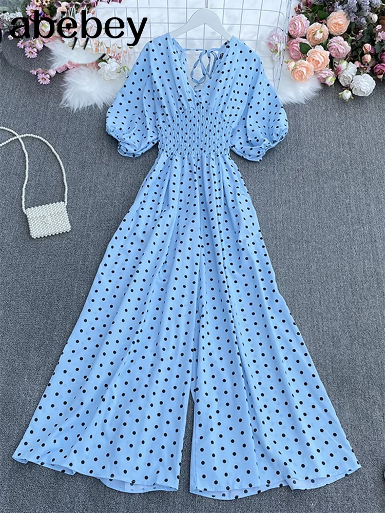 Summer dot holiday casual wide leg jumpsuits V Neck Puff Sleeve Waist Elastic  Rompers loose beach long playsuits