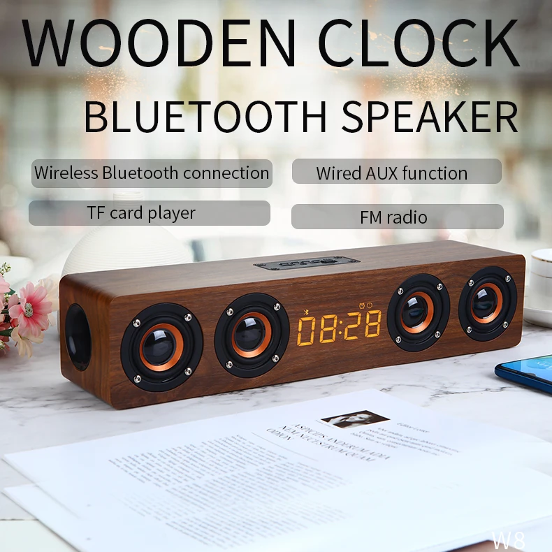 Wooden Soundbar Bluetooth Speaker Music Acoustic System 20W HIFI Stereo Music Surround LED Display Outdoor Speaker With FM Radio