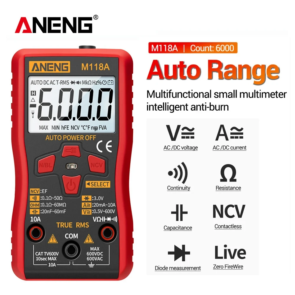 ANENG M118A Digital Mini Multimeter Tester True Rms Auto Mmultimetro Tranistor Meter with NCV Data Hold 6000counts Flashlight