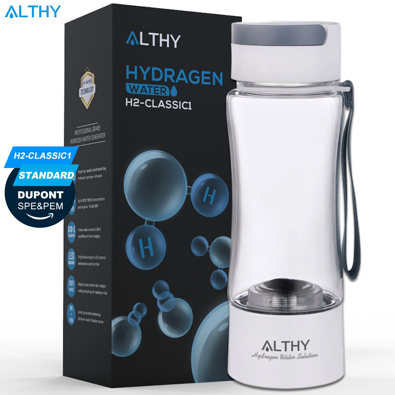 ALTHY Hydrogen Rich Water Generator Bottle - Tritan/Glass Cup - DuPont SPE PEM Dual Chamber Maker lonizer - H2 Inhalation device