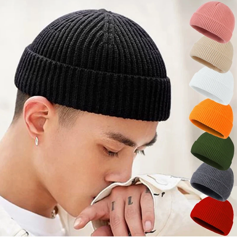 Men Fashion Knitted Hats Boy Skullcap Male Beanie Winter Retro Brimless Baggy Melon Cap Cuff Docker Fisherman Accessories