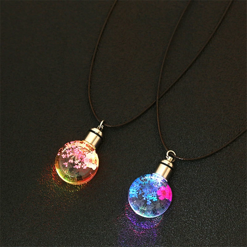 2020 New Trendy Dried Flowers Pendant Necklace For Women LED Luminous Flower Necklace Charm Crystal Glass Ball Necklace Jewelry