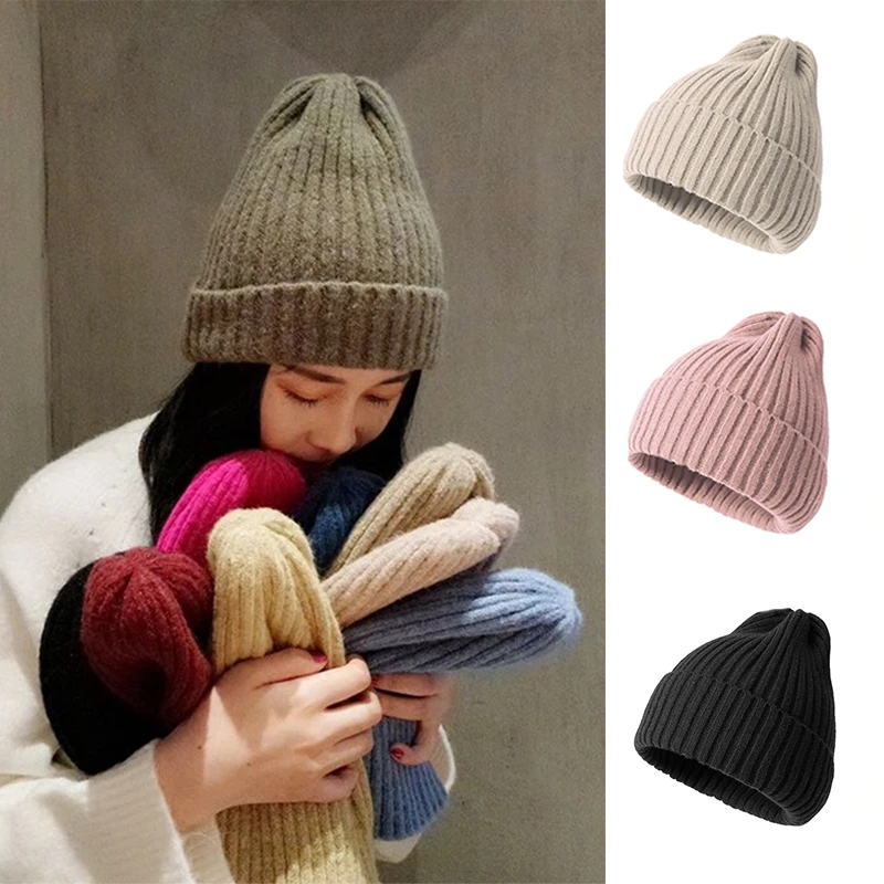 Winter Hairy Thick Hat Candy Color Women Knitted Hats Warm Soft Trendy Cap Wool Beanie Female Elegant All-match Hat