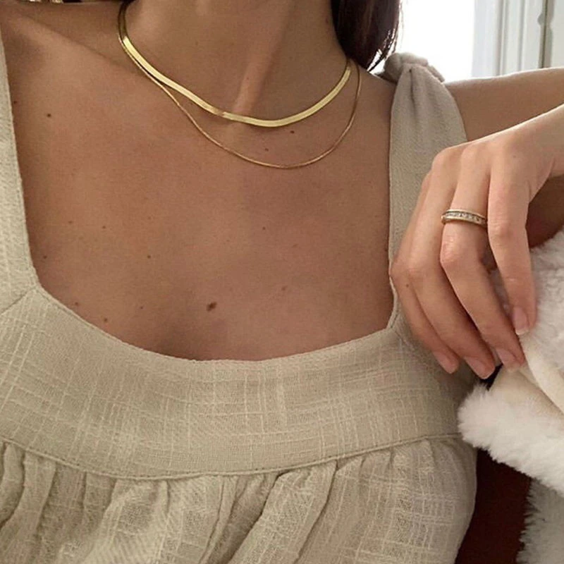 Anti-allergic Minimalist Double Layers 14K Gold Plated Box&Herringbone Chain Choker Necklaces for Women
