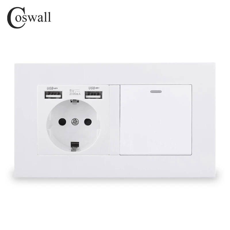 COSWALL EU Standard Wall Socket Grounded With 2 USB Charge Port Hidden Soft LED + 1 Gang 1 Way On / Off Light Switch PC Panel