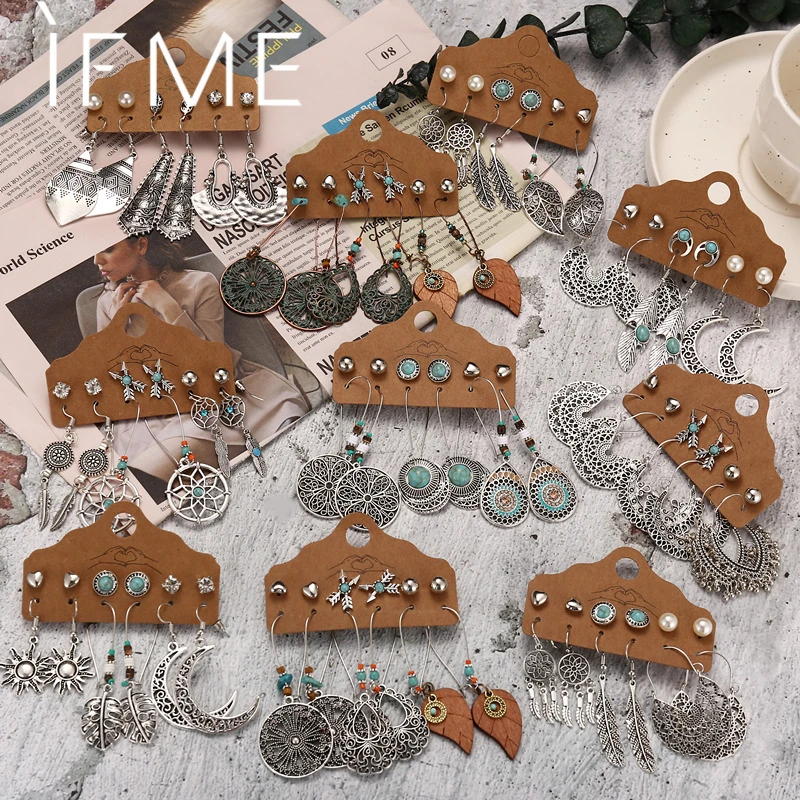 IF ME Vintage Boho Ethnic Retro Silver Color Metal Earrings Set for Women Wood Tassel Drop Earring Brinco Fashion Jewelry New