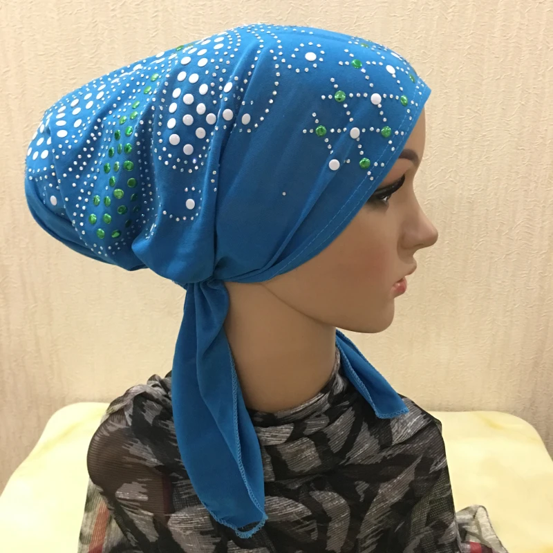 H089 high quality muslim hats with colored sequins pull on islamic scarf turban hijab with elastic band