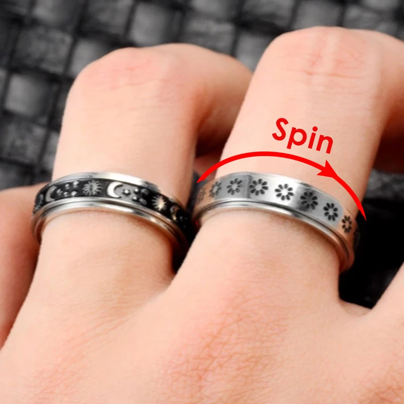 Fidget Spinner Anxiety Rings For Women Rotate Freely Stainless Steel Ring With Trend Pattern Anti Stress Accessories Jewelry