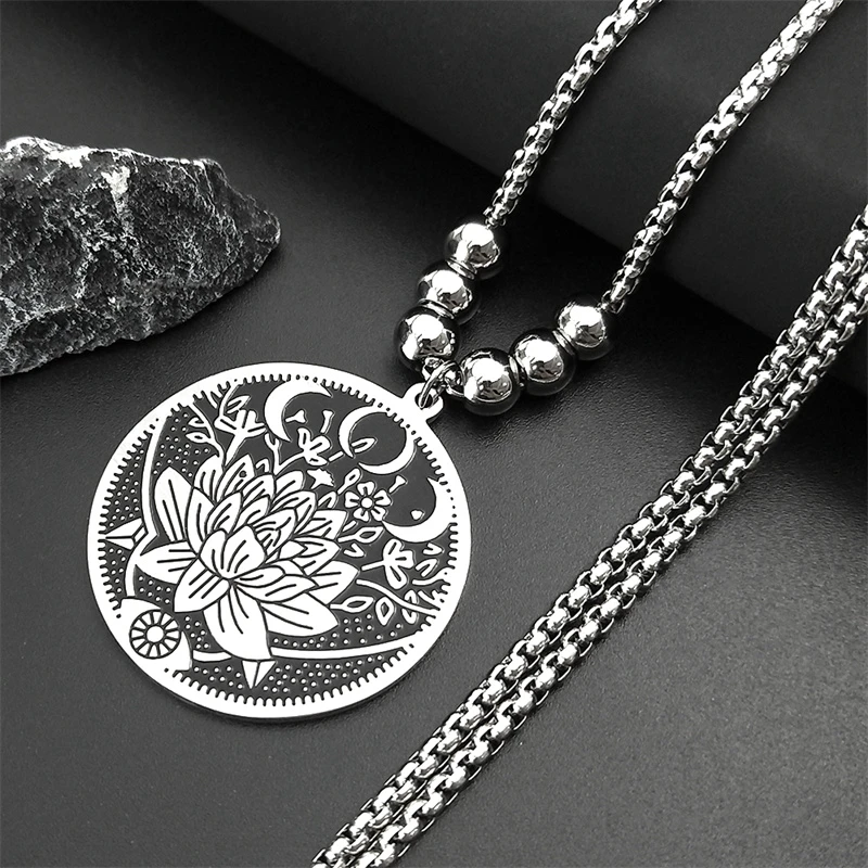 Wicca Lotus Stainless Steel Necklaces Pendants for Men Black Silver Color Long Necklace Jewelry colgante hombre N18517