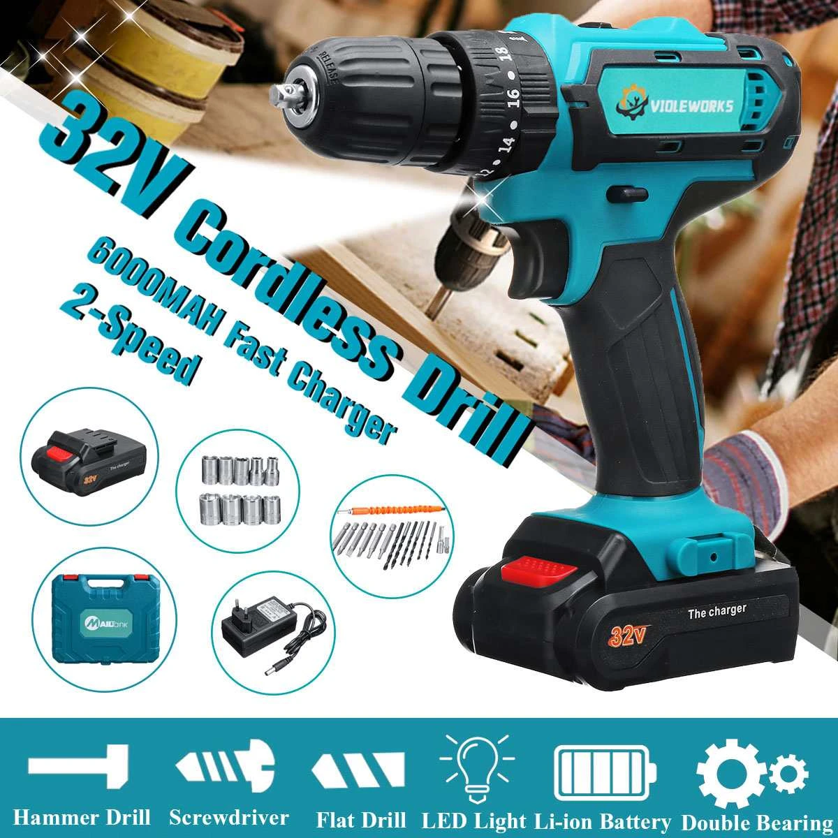 32V 3 in 1 Cordless Electric Screwdriver Drill Hammer Variable Speed Cordless Impact Drill With 1/2 Battery 38Nm Torque Max