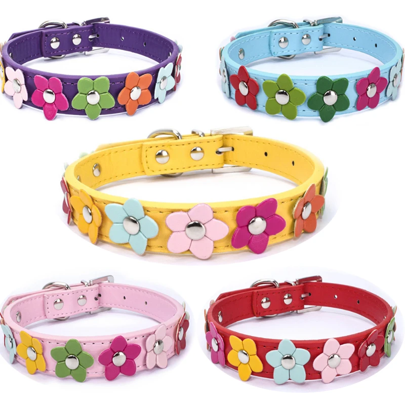 Flowers Pet Dog Collar Leash PU Leather Cat Collier Chain Neck Strap for Small Middle Large Animal Teddy Chihuahua Pug Fashion
