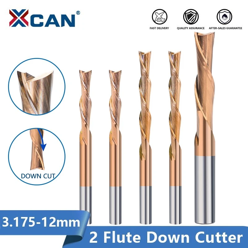 XCAN 2 Flute Cutter 3.175 4 5 6mm Shank Left Spiral Down Cutter Carbide Spiral End Mill For Cutting Aluminum CNC Router Bit