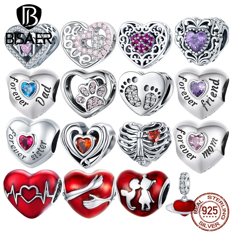 BISAER 925 Sterling Silver Mother Mom Dad Sister Heart Bead Fit Charms Silver 925 Original Bracelet Family Beads Jewelry Making