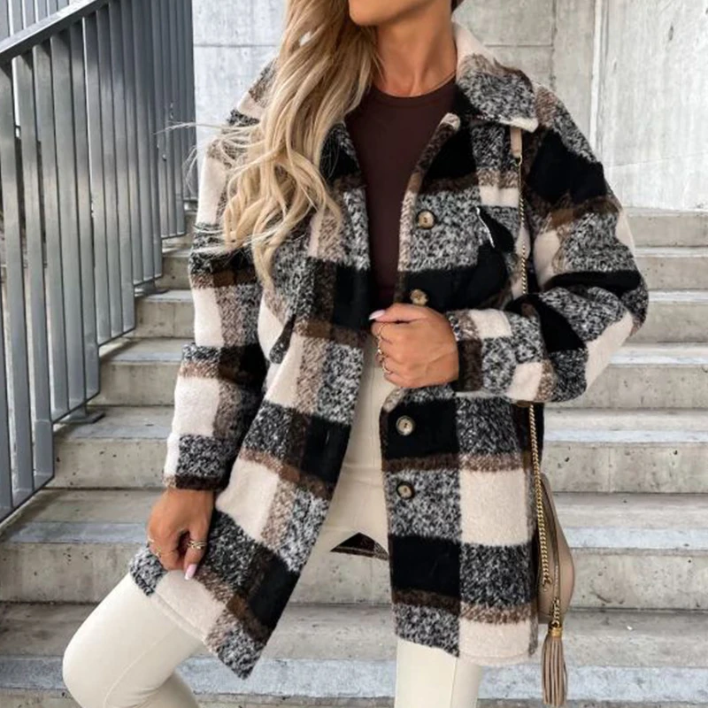 Autumn Winter Warm Soft Fleece Cardigan Tops Elegant Turn-down Collar Button Women Long Outwear Casual Solid Long Sleeve Jackets