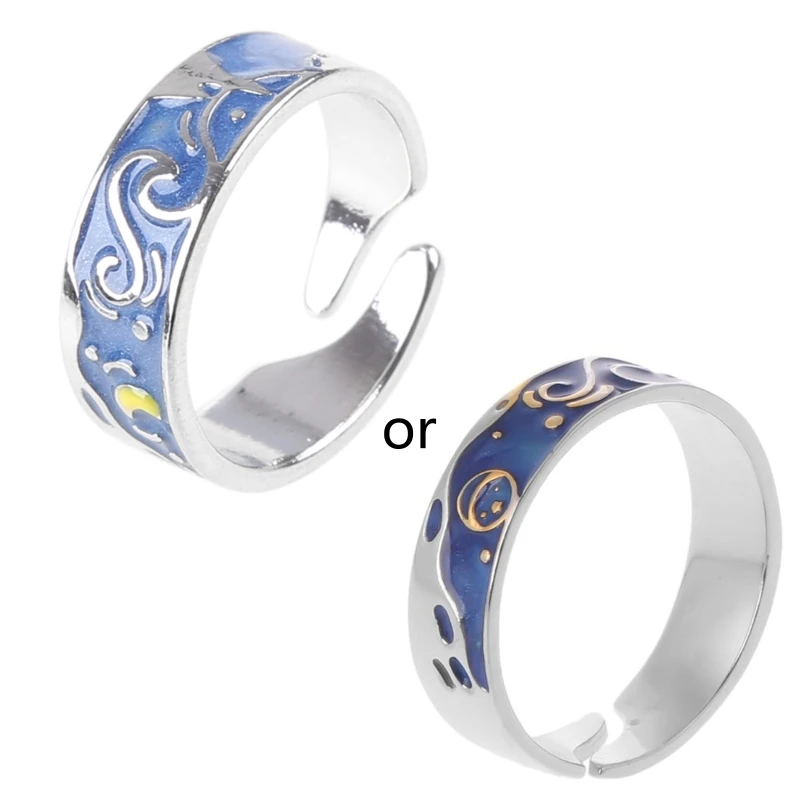 S925 Van Gogh Starry Sky Open Lover Rings Band Romantic Couple Jewelry Ring