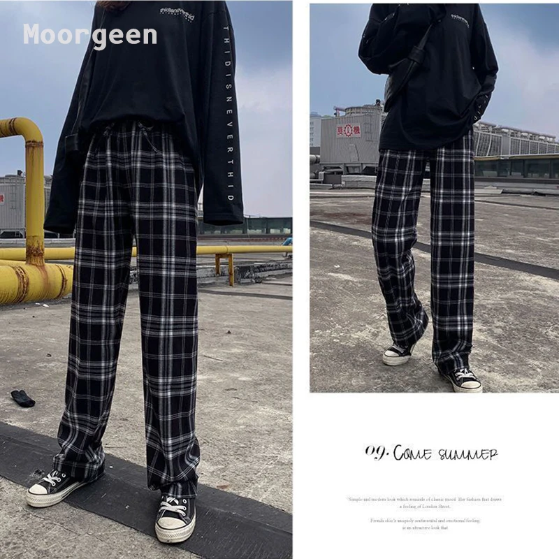 2021 New Plaid Pants Women's Casual New Checkered Pants Loose and Thin Wide-leg Pants Wild Straight Casual Pants