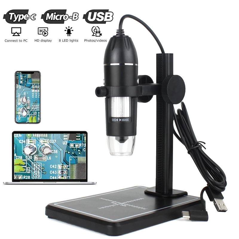 Professional USB Digital Microscope 1000X 1600X 8 LEDs 2MP Electronic Microscope Endoscope Zoom Camera Magnifier+ Lift Stand