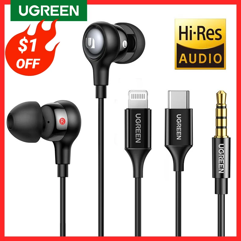 UGREEN Aux Earbuds Earphones, 3.5mm USB Type C Wired Headphones Noise Isolating Volume Control Microphone For Android MP3/MP4