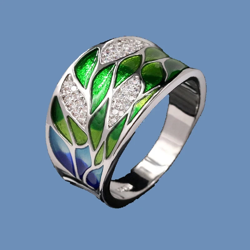 Elegant Bohemian Style 925 Silver Green Leaf Enamel Ladies Ring Zircon Inlaid Wedding Ring Fashion Jewelry Flower Ring Women