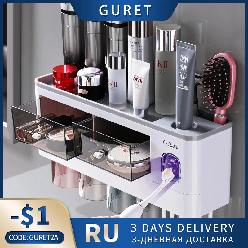 GURET New Magnetic Toothbrush Holder For Bathroom Accessories Automatic Toothpaste Squeezer Dispenser Wall Mounted Storage Rack