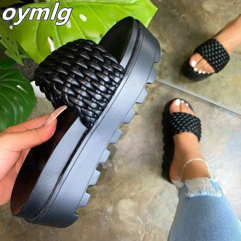 Women's sandals slippers 2021 summer new style fashion thick-soled flat woven solid color indoor slippers