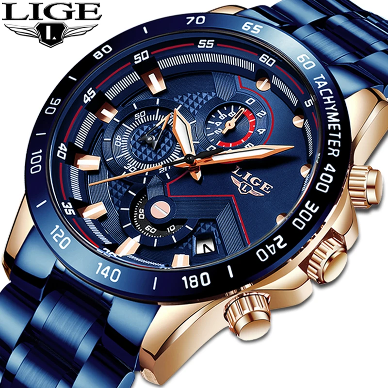 LIGE Business Men Watch Luxury Brand Blue Stainless Steel Wrist Watch Chronograph Army Military Quartz Watches Relogio Masculino
