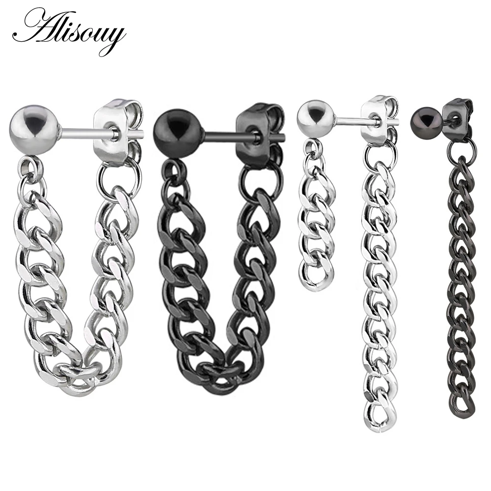 Alisouy 1pc Chain stud earrings  brincos fashion earring stainless steel korean Women male earrings for men black punk jewelry