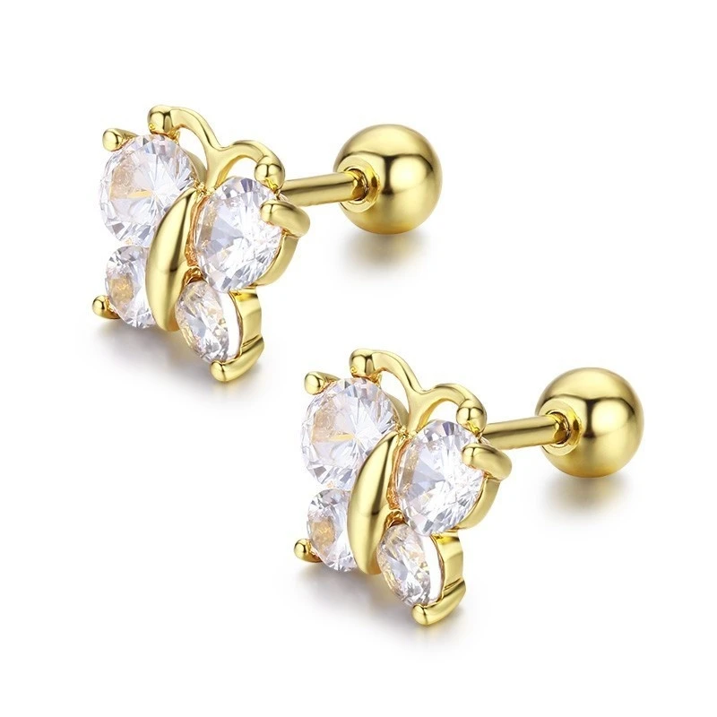 Cute Butterfly Cubic Zircon Small Screw Back Stud Earrings For Women Kids Children Baby Girls Gold Color Jewelry Aros Oorbellen