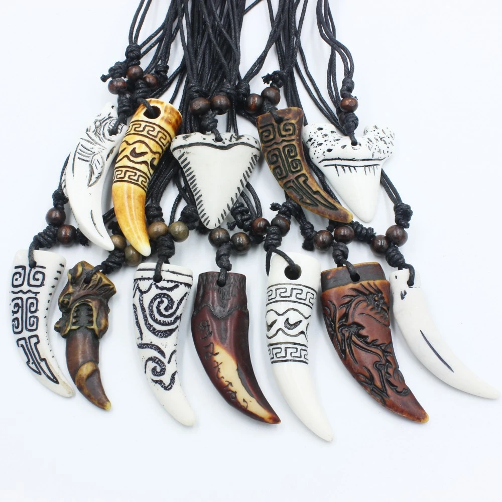 Wholesale 12pcs Mixed Cool Imitation Bone Carved Dragon Totem Shark/Wolf Tooth Pendant Necklace Amulet MN465