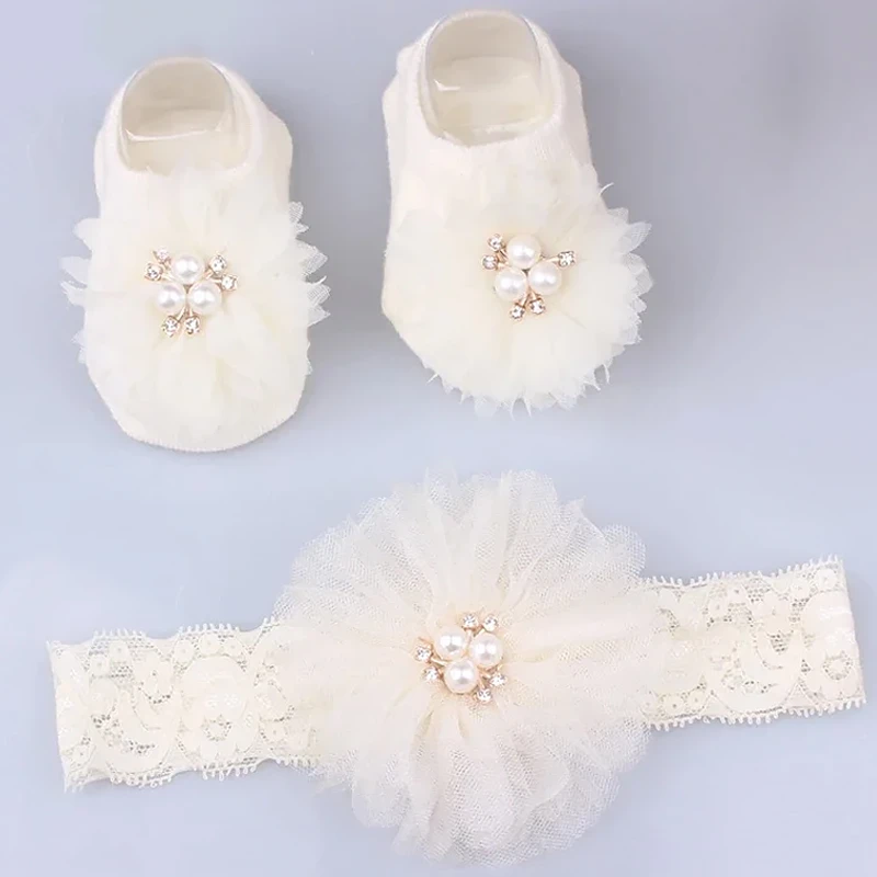 Lovely Pearl Bows Newborn Baby Girl Headband Socks Set Lace Flower Baby Hair Band Turban Baby Little Girl Hair Accessories