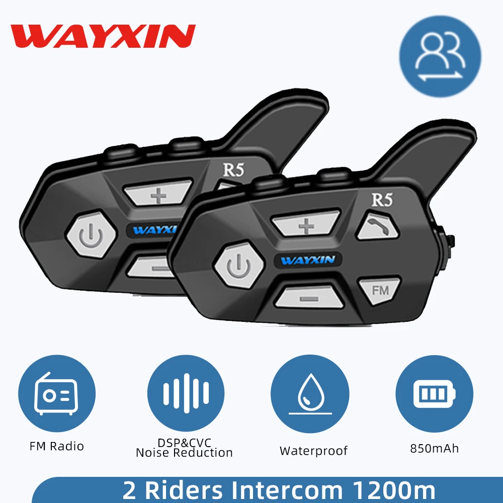WAYXIN Bluetooth 5.0 Motorcycle Intercom  Helme 2 People 1200M  Talking Universal Pairing Waterproof Interphone Headset FM Radio