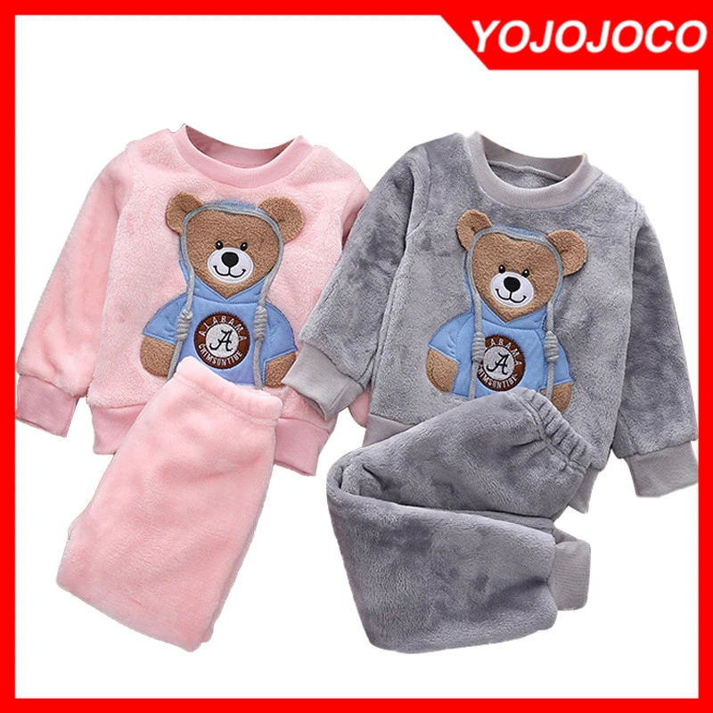 Children's Flannel Pajamas Set Baby Boy Girl Clothes Autumn/Winter Cartoon Bear Coral Fleece Thicken Warm Home Clothes 2pcs