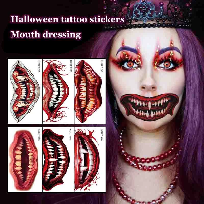 5PCS Halloween Tattoo Sticker Face Sticker Mouth Teeth Tattoo Sticker Waterproof Dark Wind Funny Makeup Temporary Tattoo