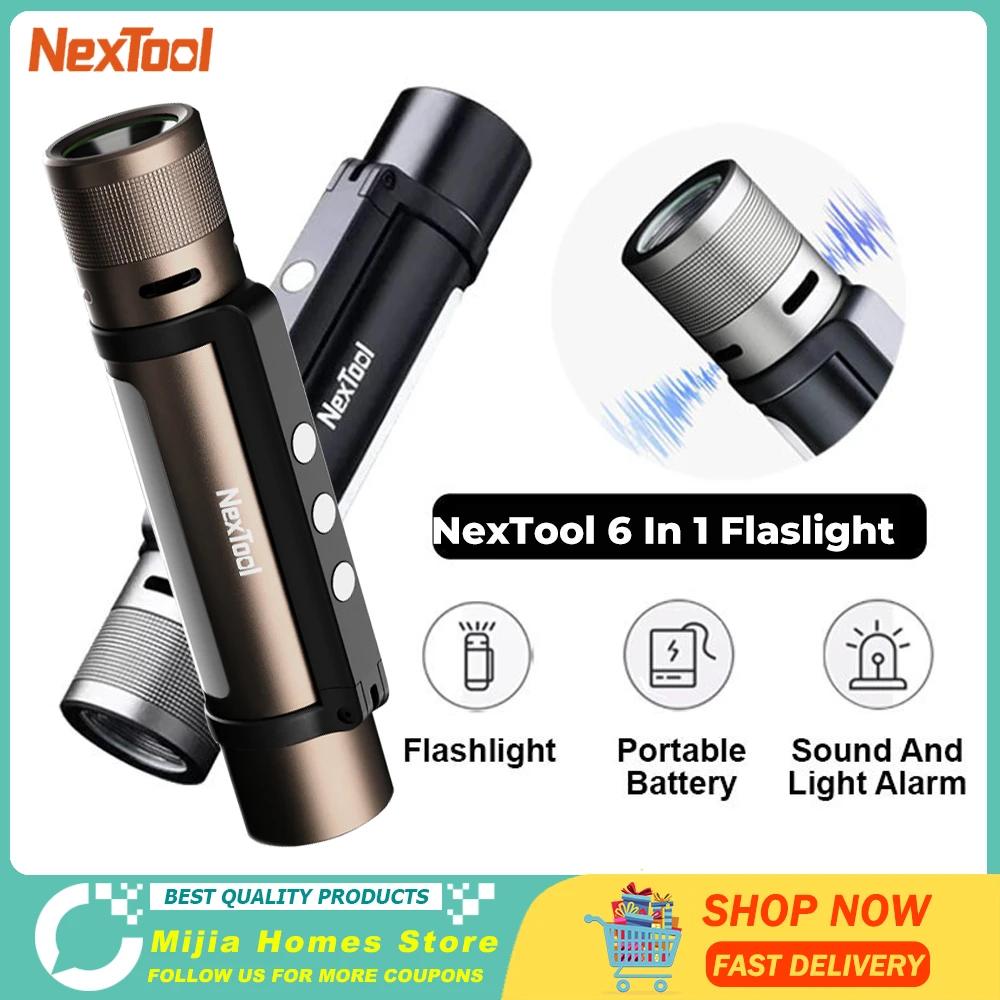 NEXTOOL 6-in-1 1000lm Dual-light Zoomable Alarm Flashlight USB-C Rechargeable Mobile Power Bank Camping Work Light