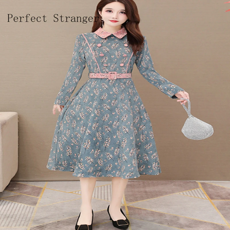 2021 Spring Autumn New Arrival High Quality  S-3XL Retro  Peter Pan Collar Bowknot Women Long Dress With Belt