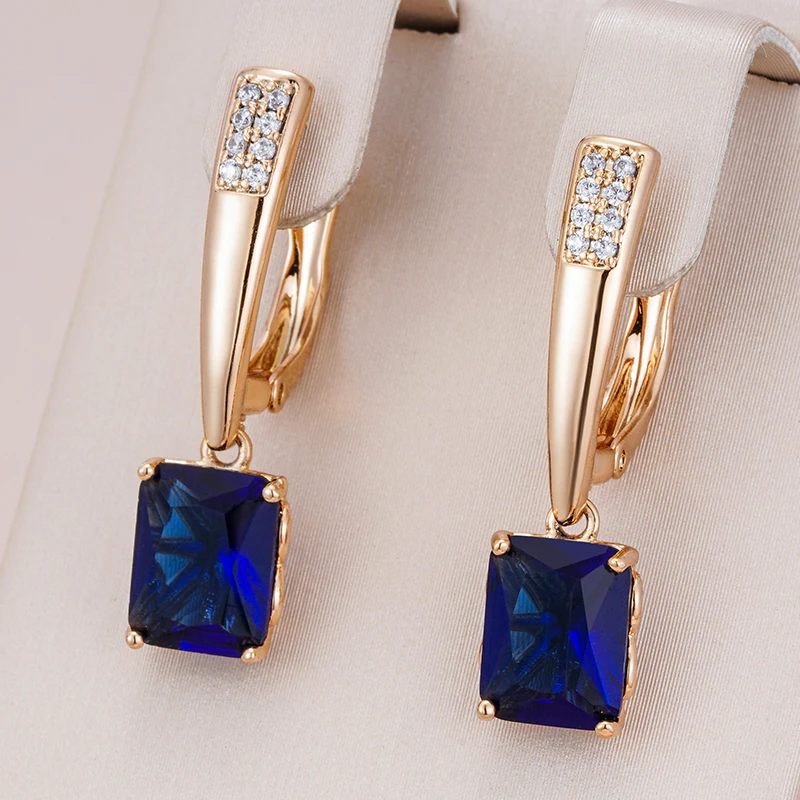 Kinel Luxury Square Blue Natural Zircon Long Earring For Women Fashion 585 Rose Gold Bride Wedding Dangle Earrings Party Jewelry