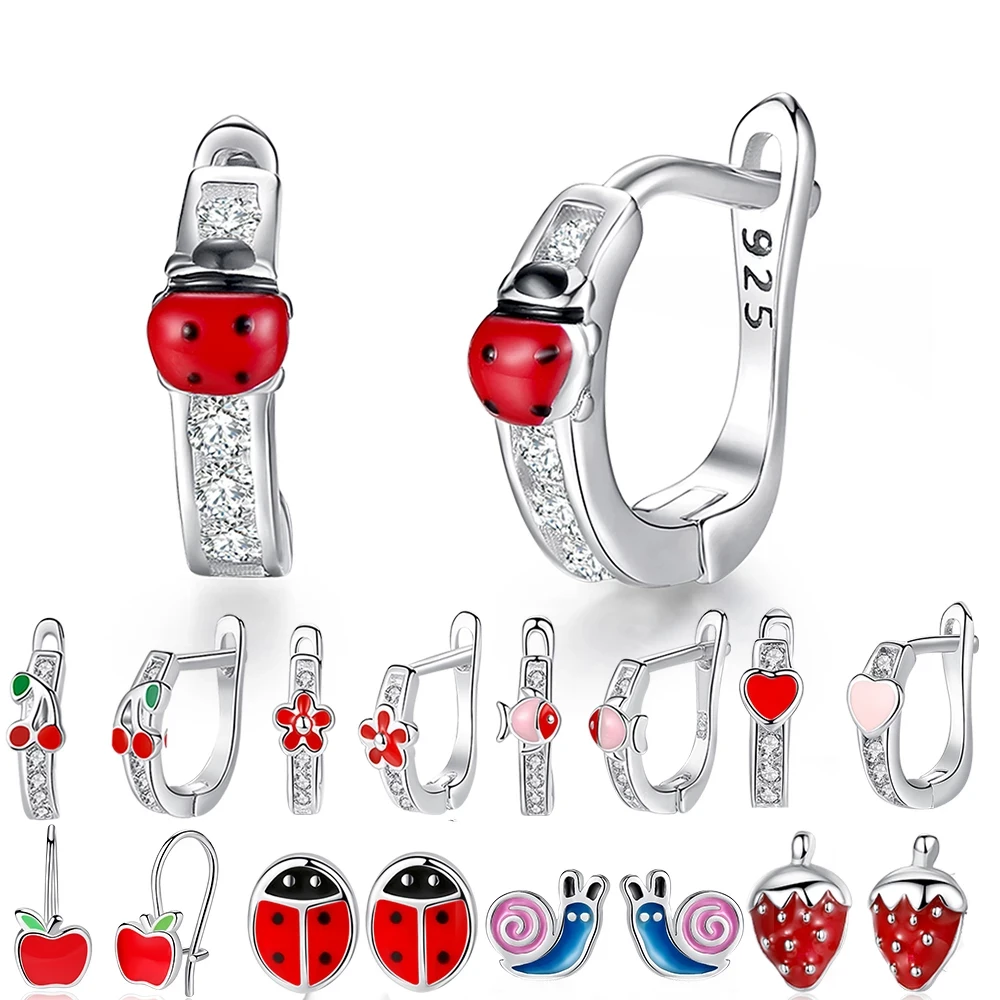 2021 Fashion Jewelry Christmas Stud Earrings Animal Ladybug Clover Heart 925 Sterling Silver Small Earrings for Women Kids Girls