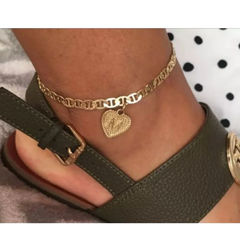 Delicate Heart Initials Anklets For Women Ankle Bracelet Gold Plated Zircon Letter Beach Accessories Boho Jewelry Gifts