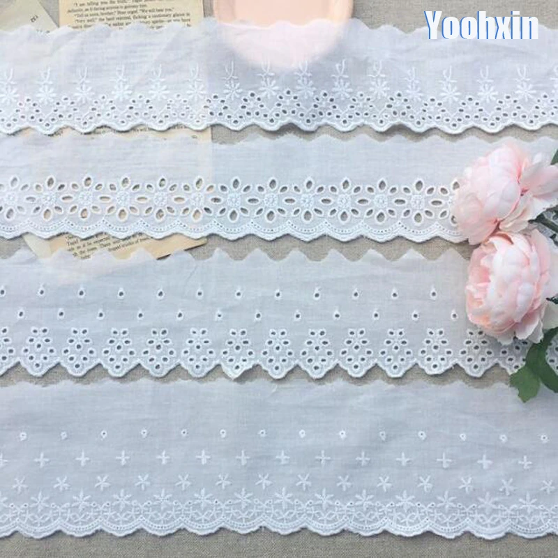 HOT Cotton Embroidered White Flower Lace Fabric Dubai Wide Sewing DIY Trim Wedding Applique Ribbon Collar Cloth Guipure Decor