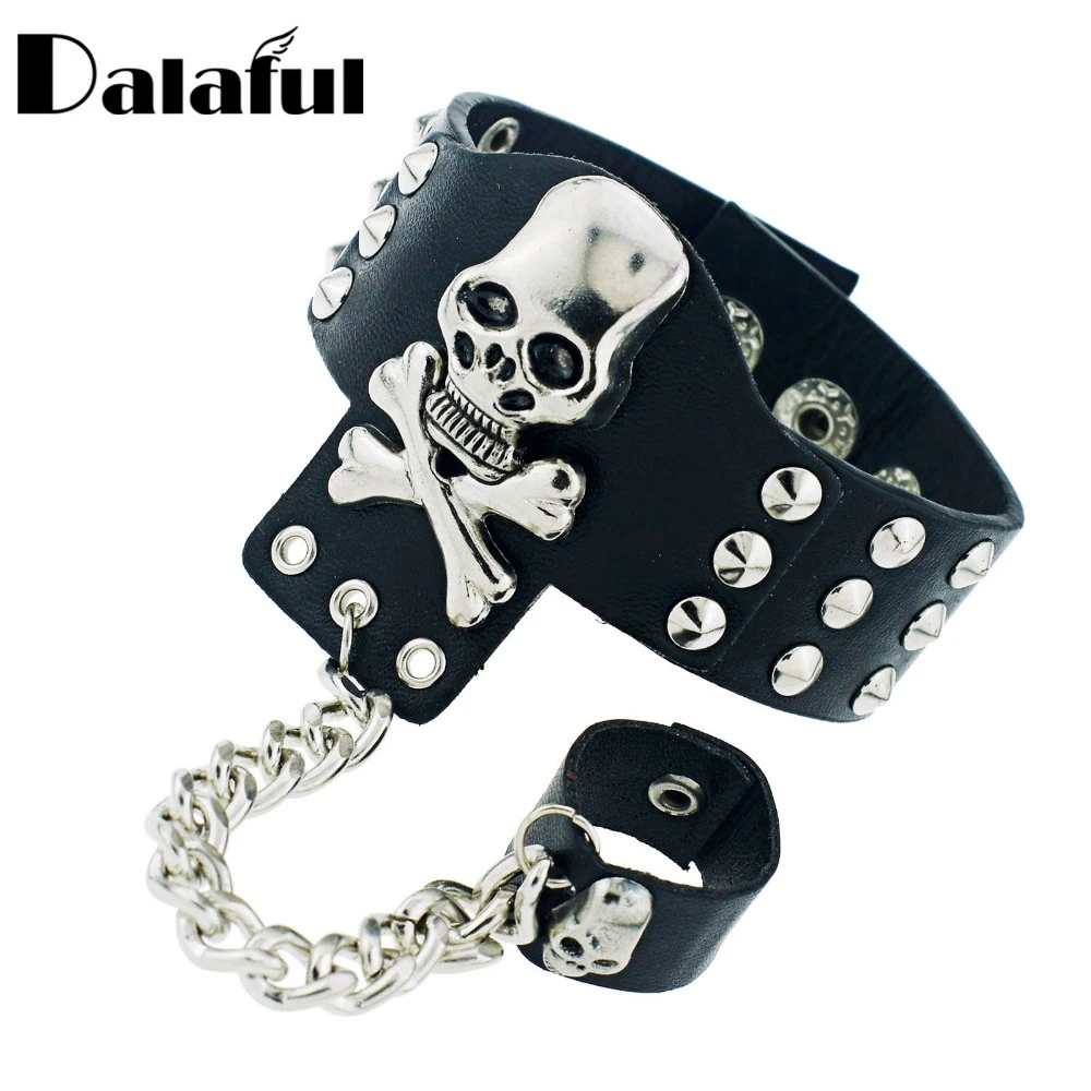 Gothic Skeleton Skull Chain Link Rock Rivet  Cuff  Black Leather Punk Bangle Bracelet S054