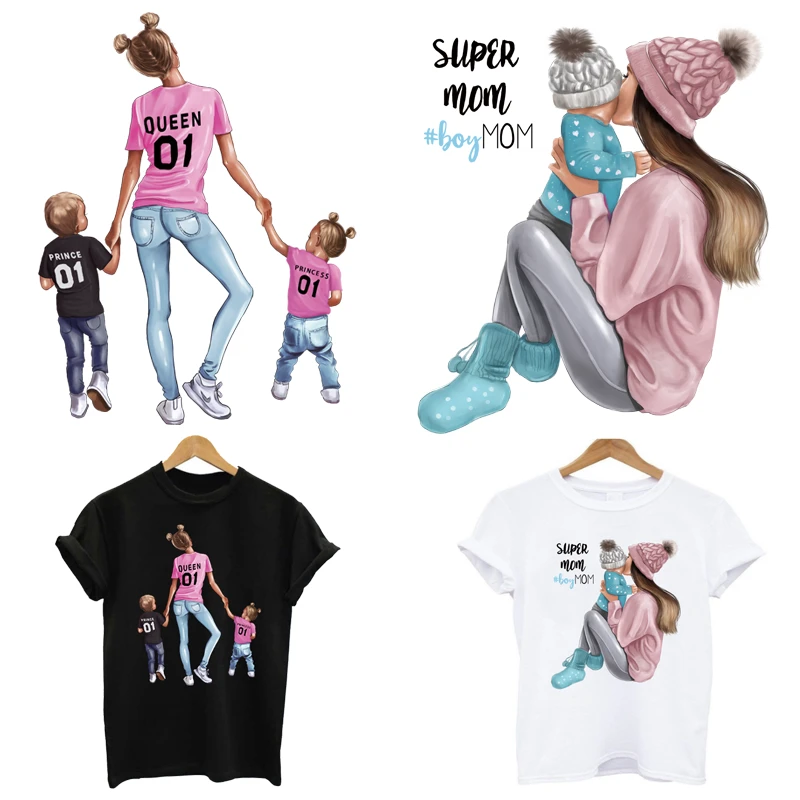 super mom and Son daughter stripes iron on patches heat-sensitive appliques thermo stickers on clothes Iron-on transfers tops