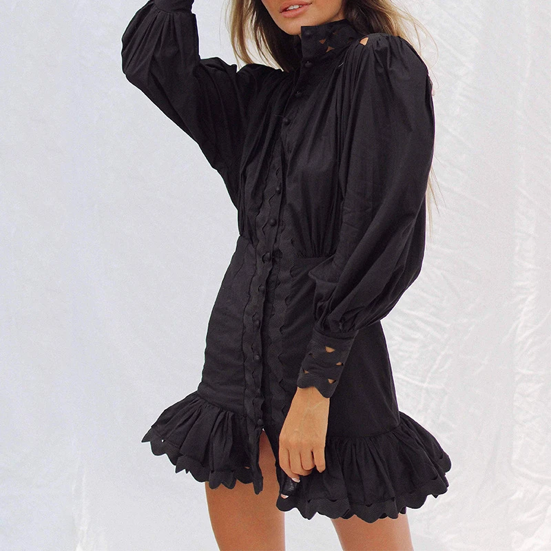 Spring Summer Dress New Fashion 2021 Women Sexy Hollow Out Patchwork Lantern Sleeve Button Black White Shirt Mermaid Mini Dress