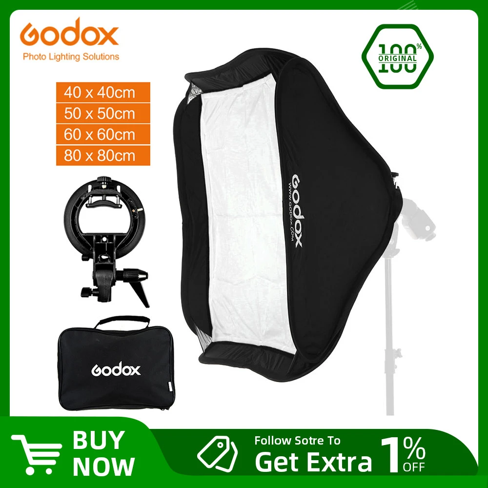 GODOX 40x40/50x50/60x60/80x80cm Softbox with S Type Bracket Stable Bowens Mount Flash Bracket Mount Foldable Softbox Kit