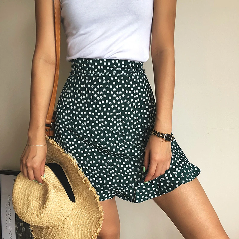 Summer female beach boho sexy mini skirt female 2021 womens Casual floral Printed  ruffles hem High-Waist Skirt skirts for women