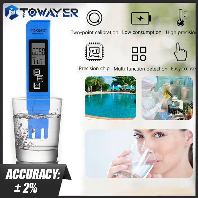 Digital Ph Meter Water  Quality Tester TDS EC Meter Range 0-9990 Multifunctional Water Purity Temperature Meter TEMP PPM Tester